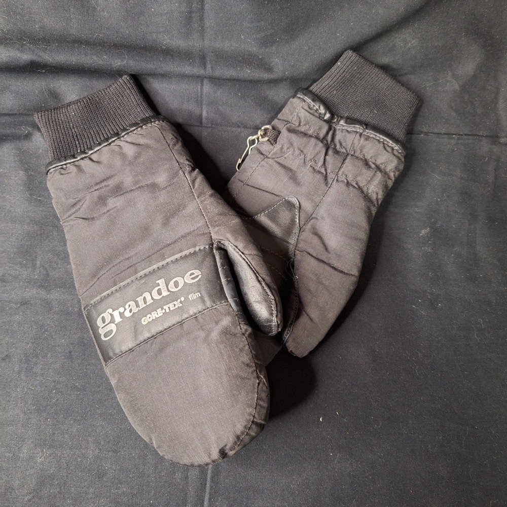 Grandoe Vintage Gore-Tex Mittens Black Leather Palm Winter Ski Gloves WPL 9633‎